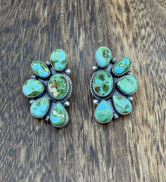 Navajo Handmade Sterling Silver Sonoran Gold Turquoise Half Cluster Earrings