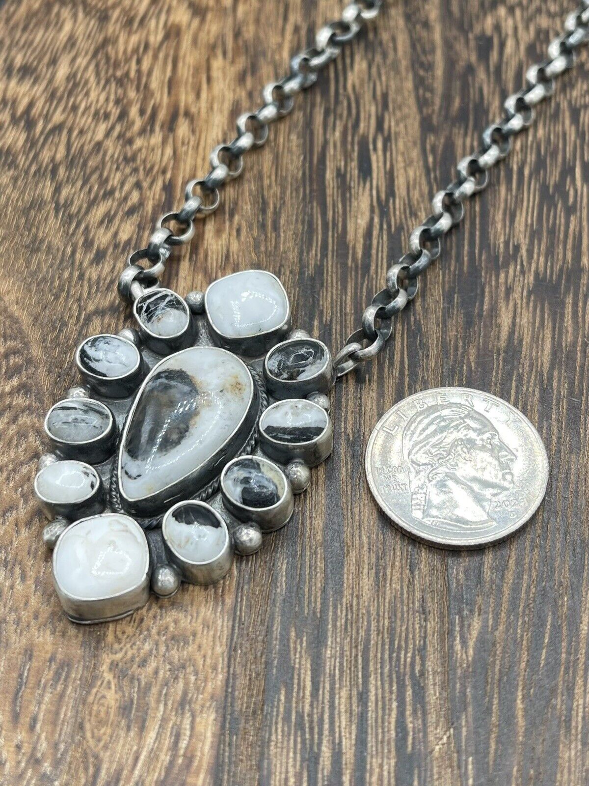 Native American Sterling Silver Navajo Handmade White Buffalo Cluster Necklace