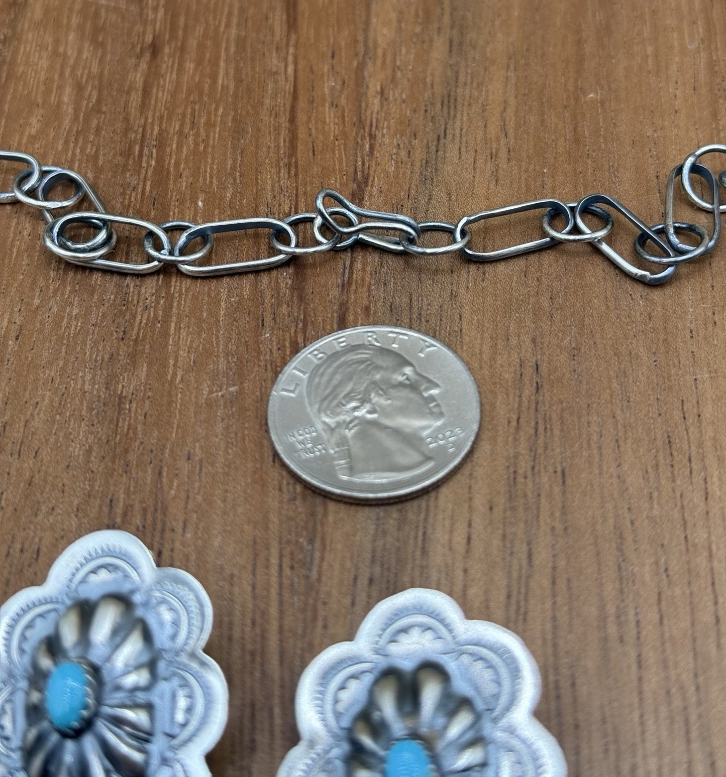 Navajo Handmade Sterling Silver Stamped Concho Turquoise Lariat Necklace Set 24”