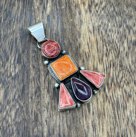 Native Navajo Handmade Sterling Silver Multi Spiny Oyster Shell Cluster Pendant