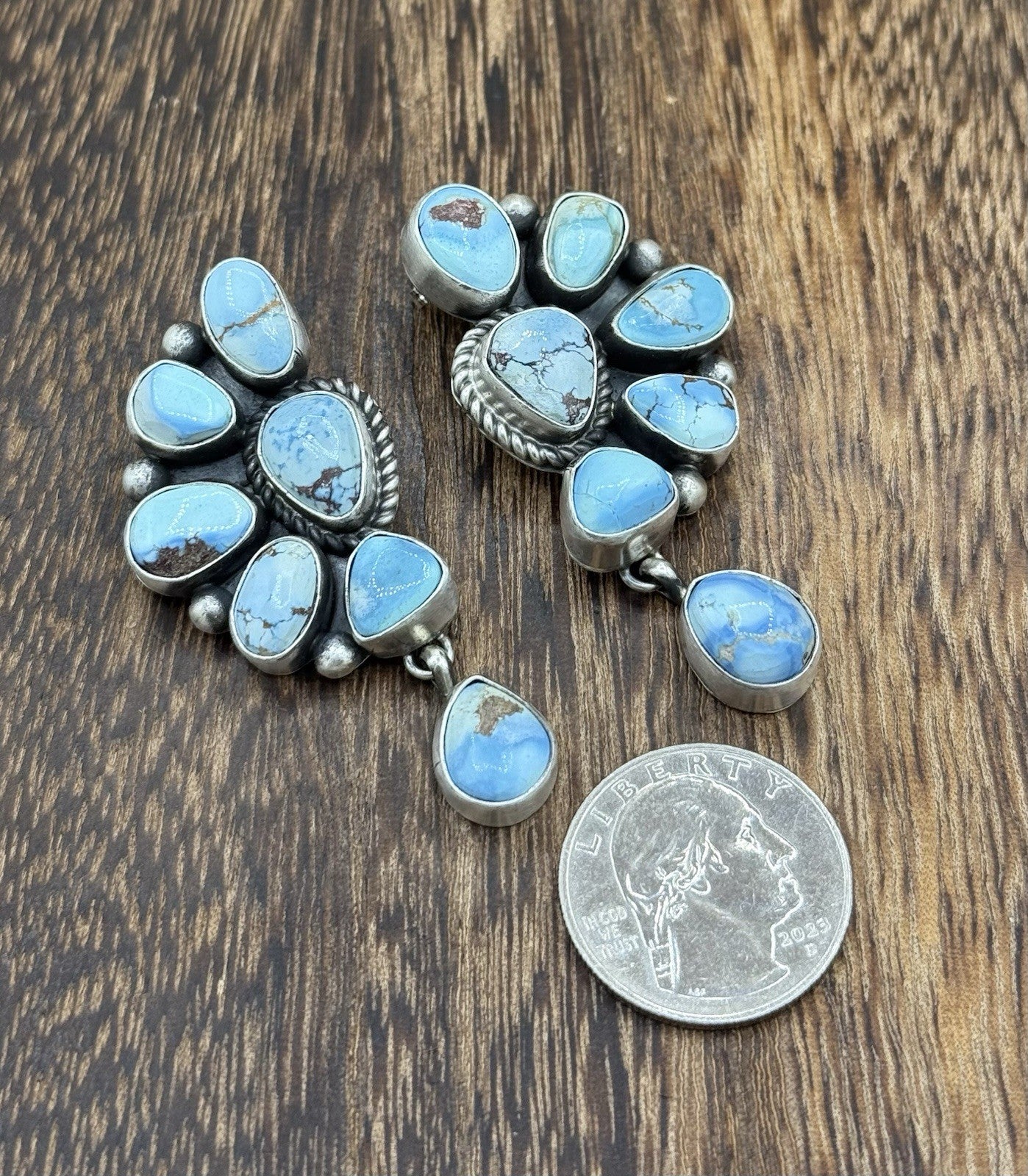 Navajo Handmade Sterling Silver Golden Hills Turquoise Half Cluster Earrings