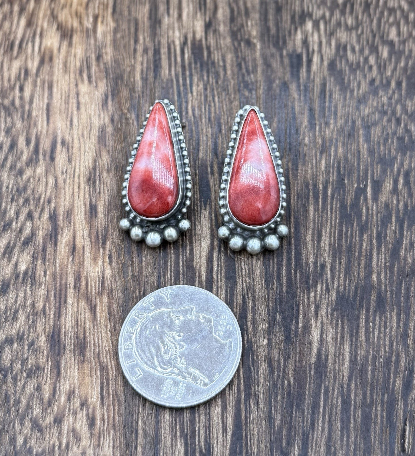 Native Navajo Handmade Sterling Silver Red Spiny Oyster Shell Post Stud Earrings