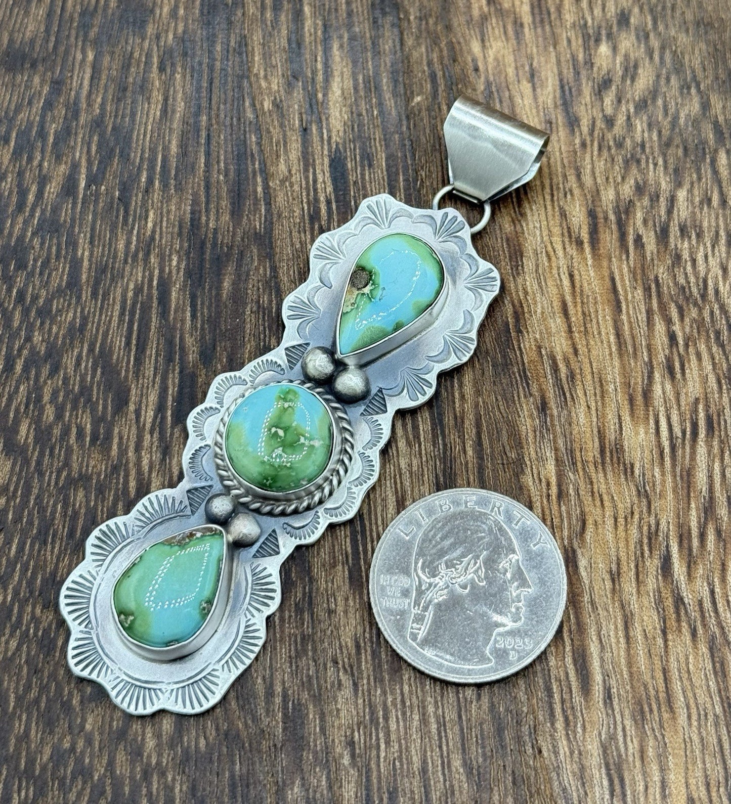 Navajo Handmade Sterling Silver Sonoran Gold Turquoise Stamped Drop Pendant