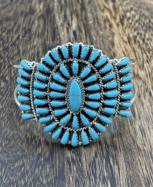 Native American Navajo Handmade Sterling Silver Turquoise Cluster Cuff Bracelet