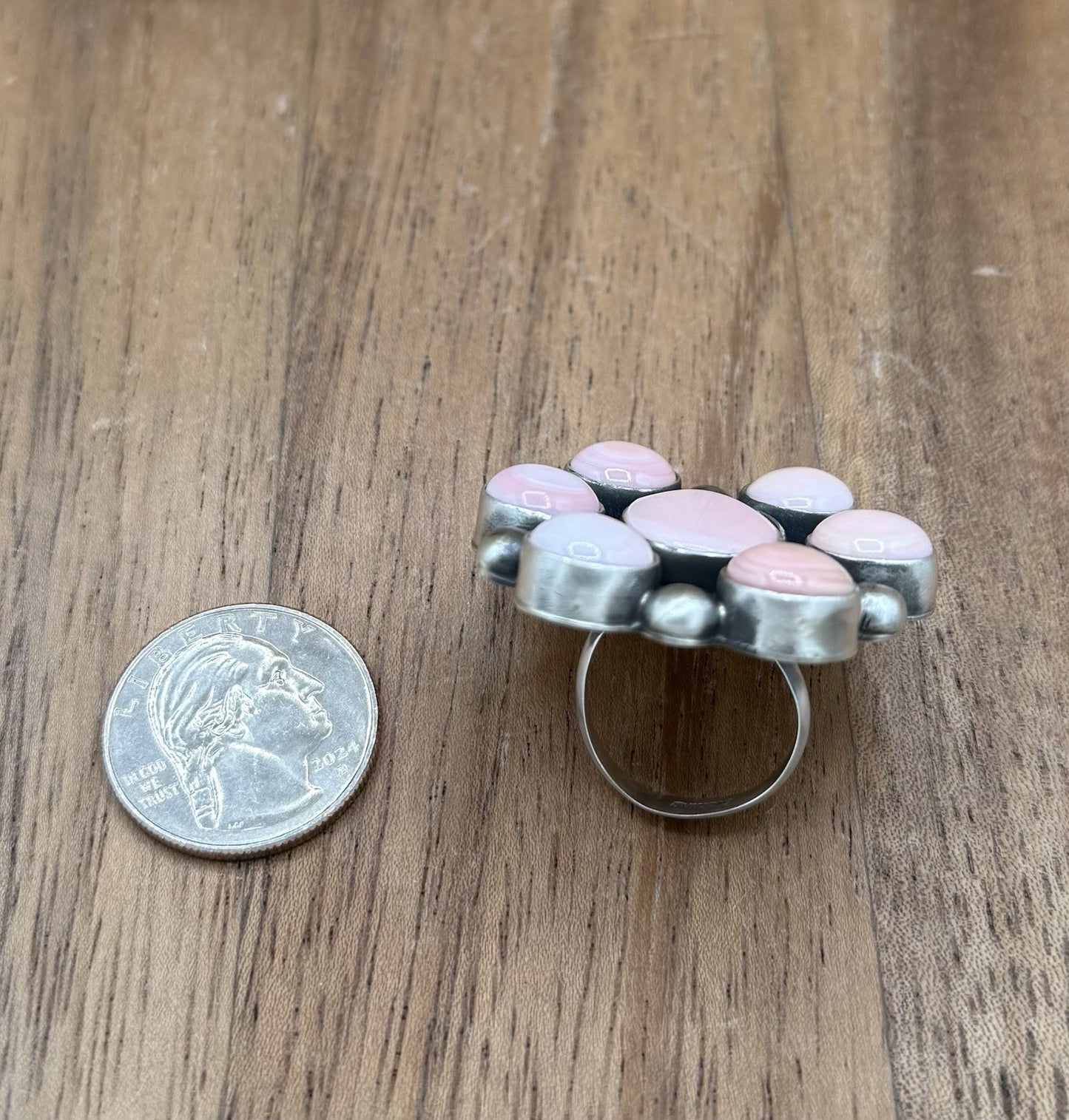 Navajo Handmade Sterling Silver Pink Conch Adjustable Ring Size 7 To 10