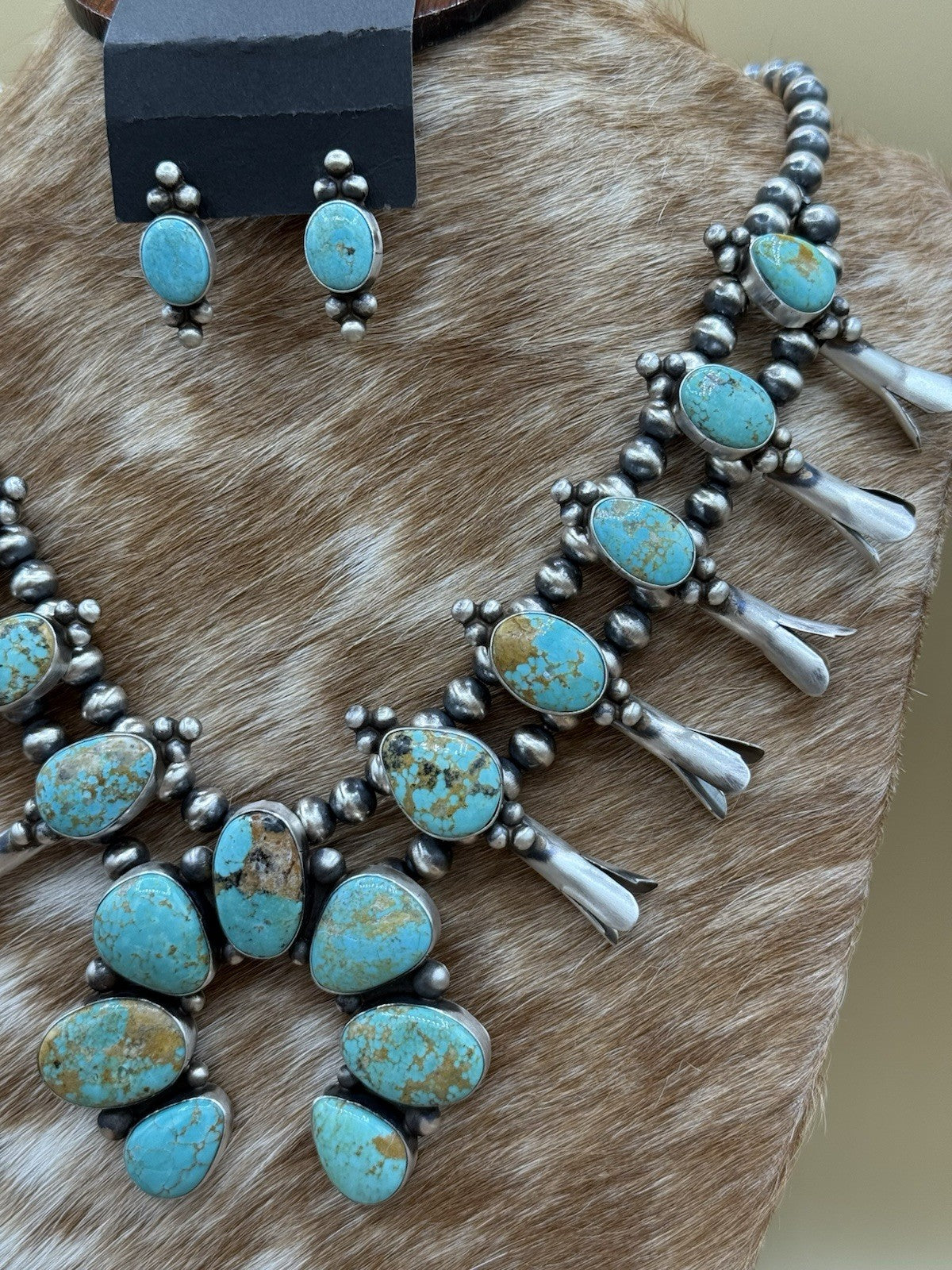 Navajo Handmade Sterling Silver Kingman Turquoise Squash Blossom Necklace 20”