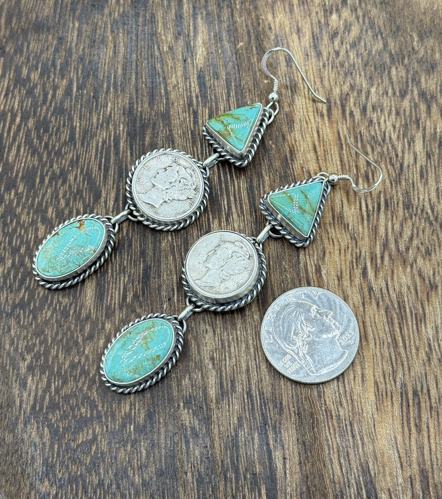 Navajo Handmade Sterling Silver Kingman Turquoise Liberty Mercury Dime Earrings