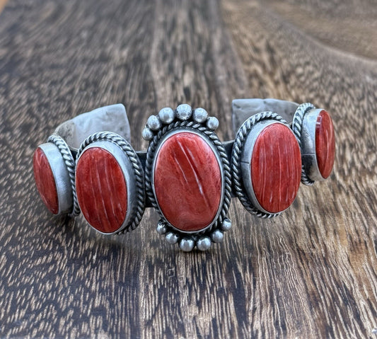 Native Navajo Handmade Sterling Silver Red Spiny Oyster Shell Cuff Bracelet