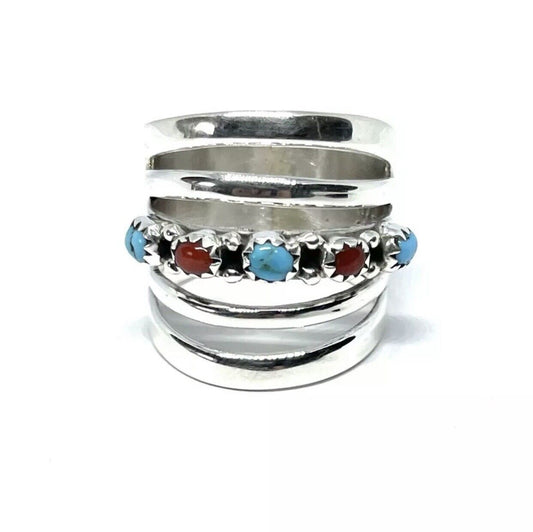 navajo handmade sterling silver red coral and kingman turquoise ring size 9