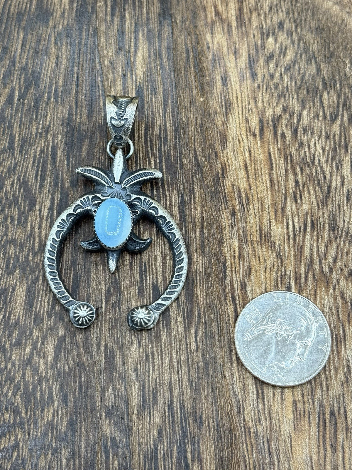 Navajo Handmade Sterling Silver Old Look Golden Hills Turquoise Naja Pendant