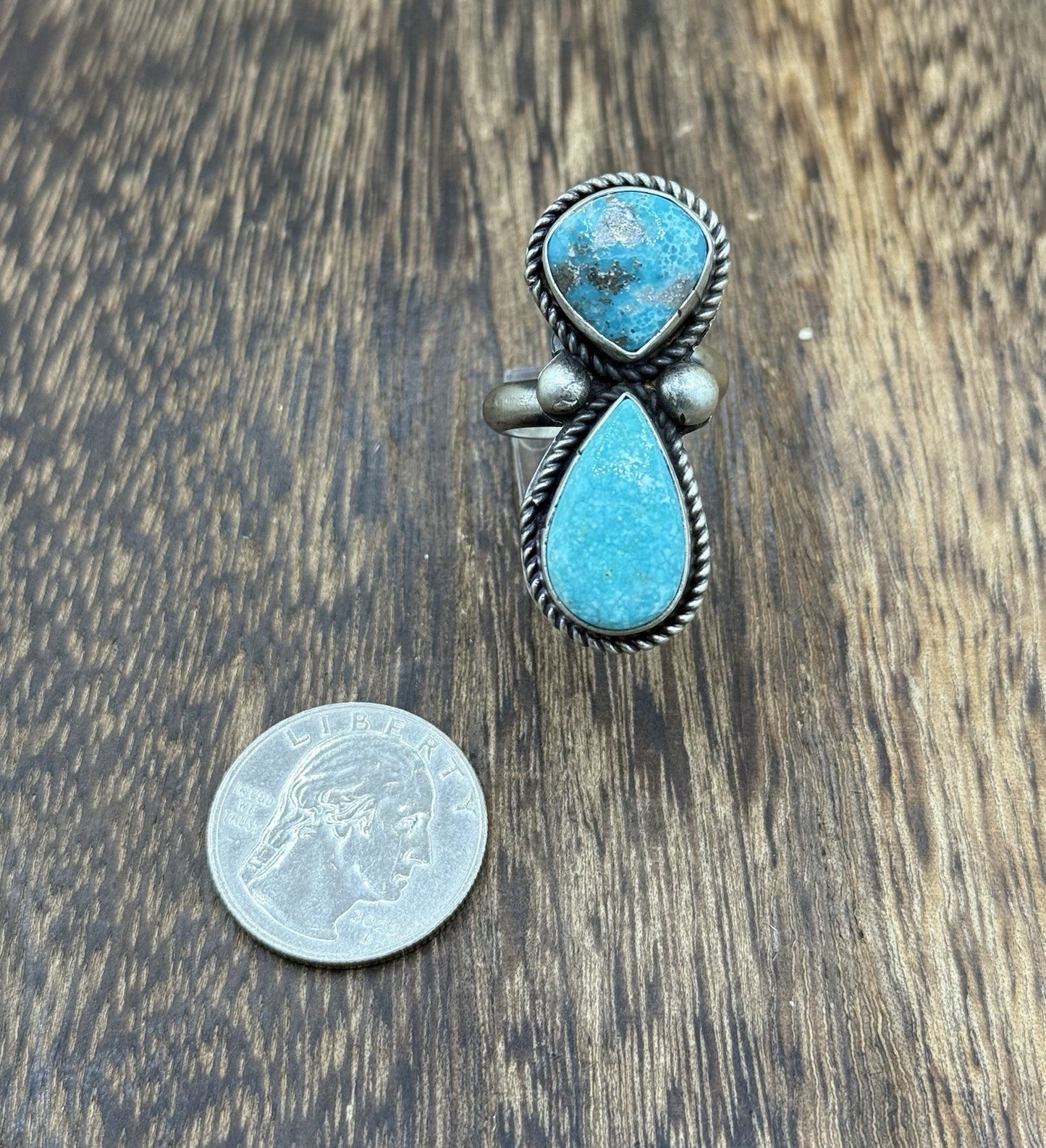 Navajo Handmade Sterling Silver White Water Turquoise Adjustable Ring Size 7 - 9