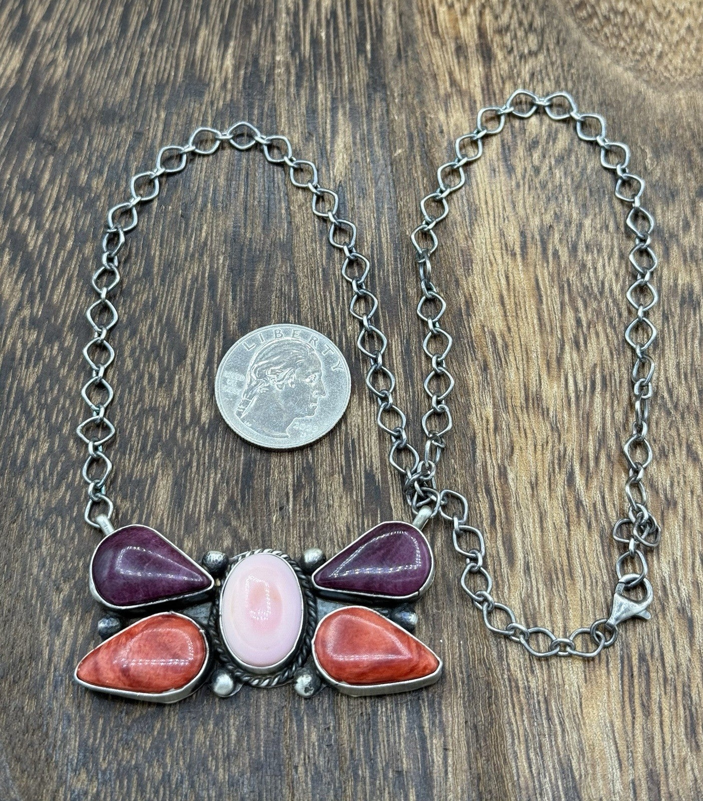 Navajo Handmade Sterling Silver Multi Stone Color Cluster Bar Necklace 18”