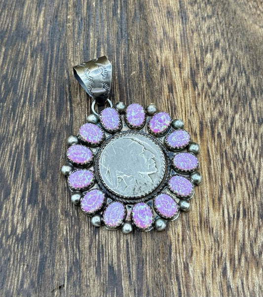 Navajo Handmade Sterling Silver Pink Fire Opal Cluster Buffalo Coin Pendant