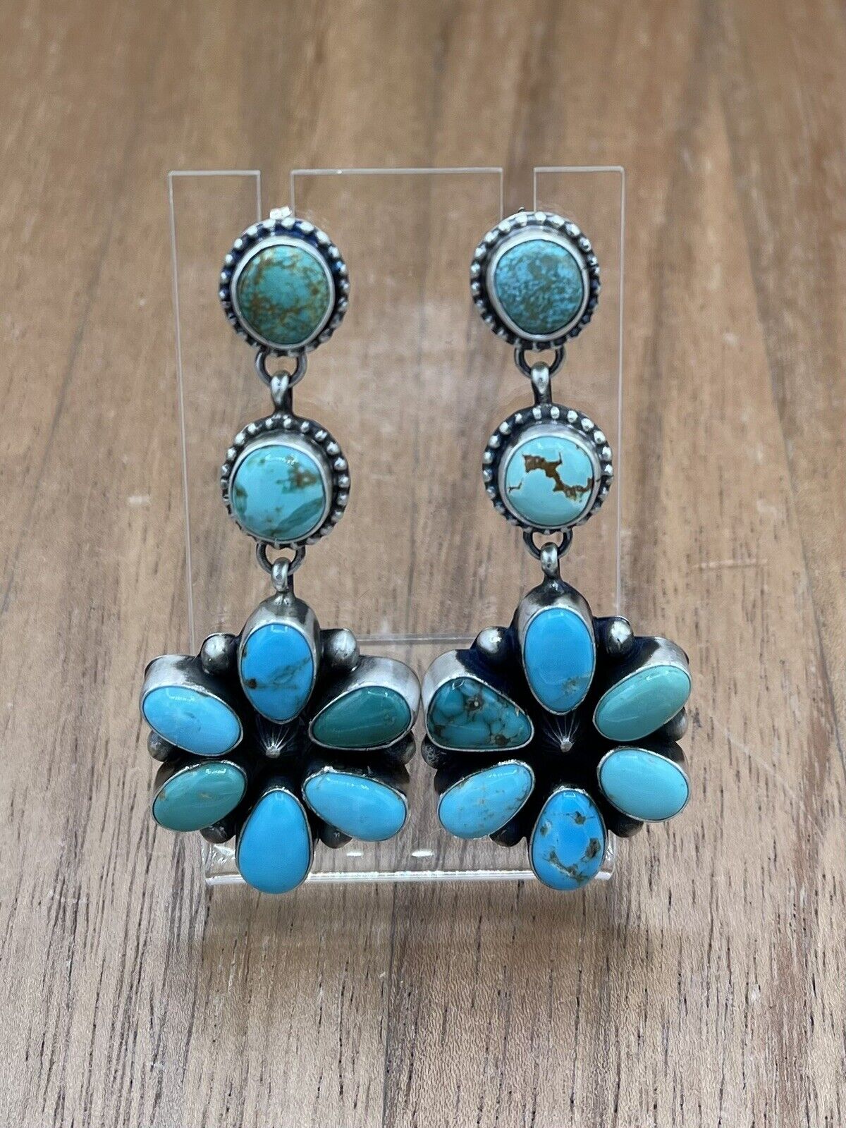 Native American Navajo Handmade Silver Kingman Turquoise Dangle Cluster Earrings