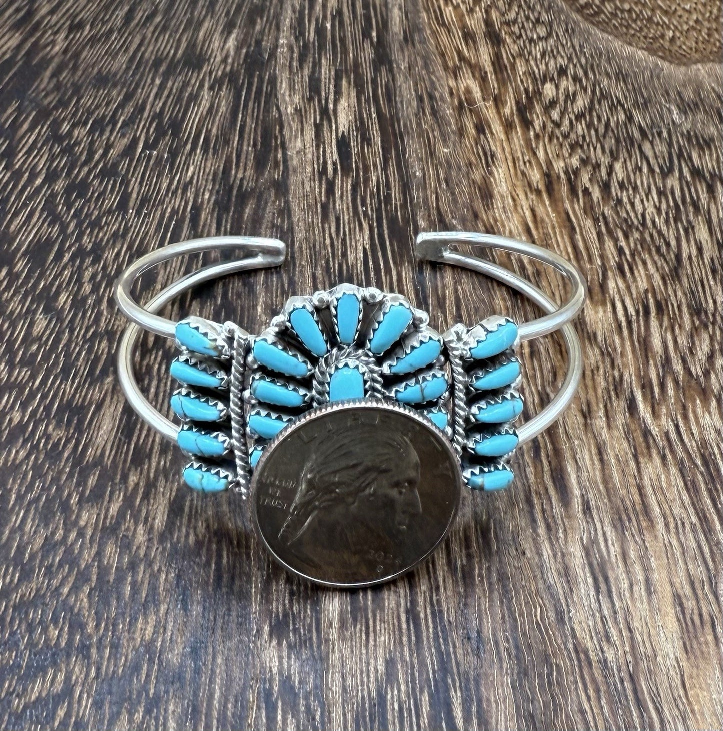 Navajo Handmade Sterling Silver Turquoise Traditional Cluster Cuff Bracelet