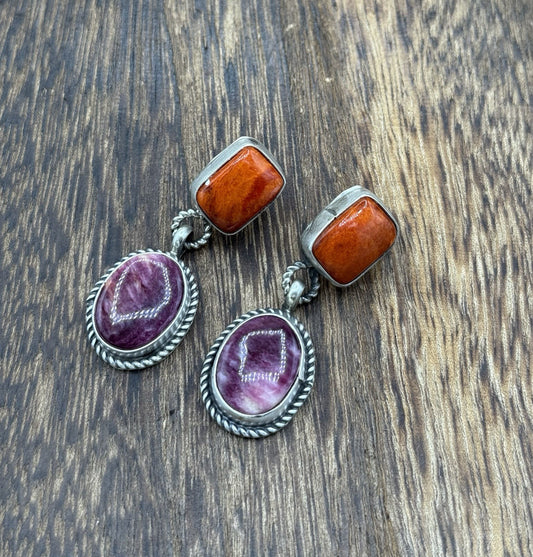 Navajo Handmade Sterling Silver Mixed Spiny Oyster Shell Post Dangle Earrings