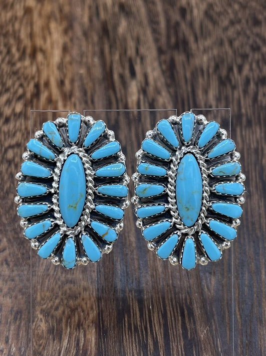 Native American Navajo Handmade Sterling Silver Turquoise Cluster Stud Earrings