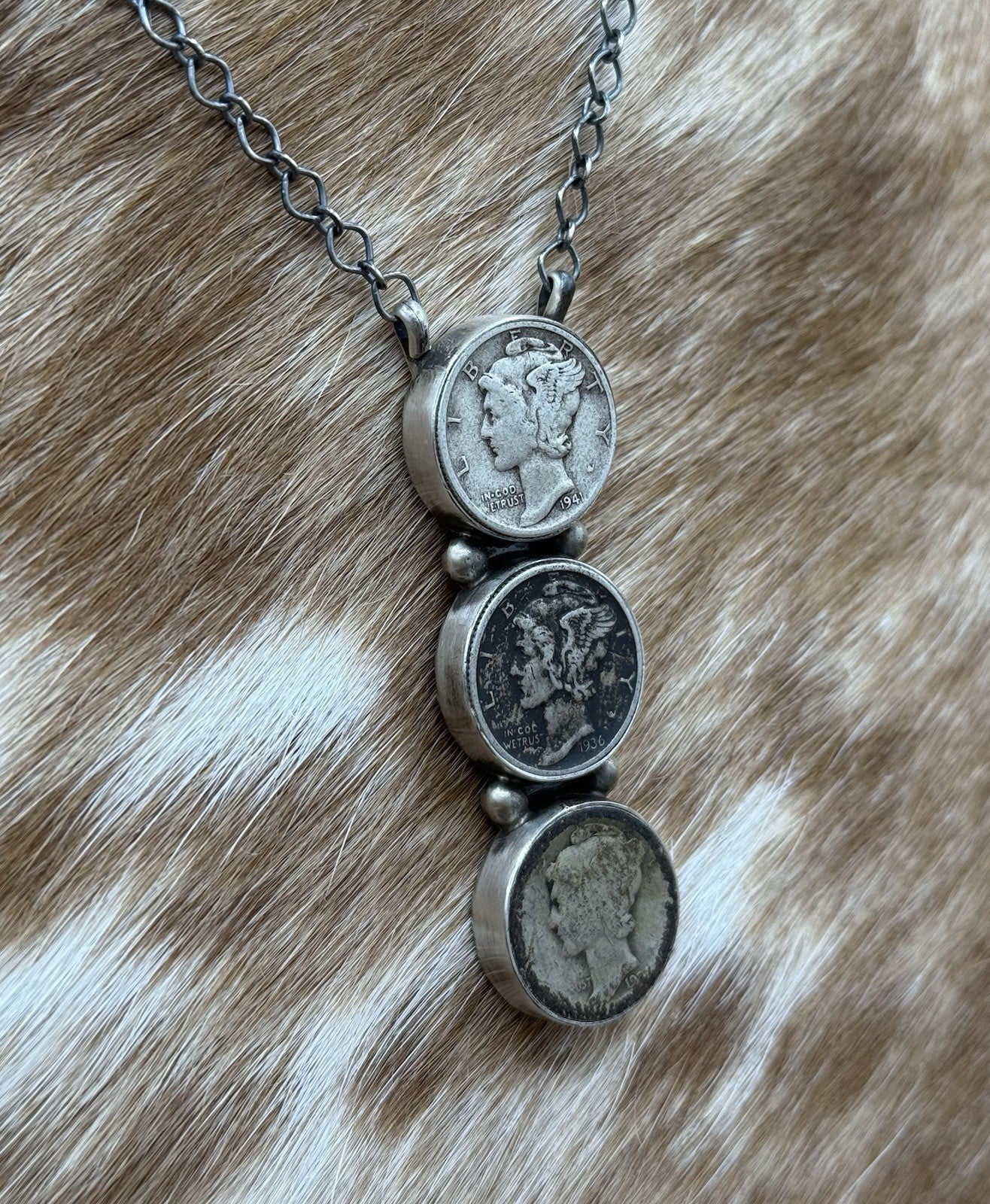 Navajo Handmade Sterling Silver Liberty Dime Cluster Bar Lariat Necklace 18”