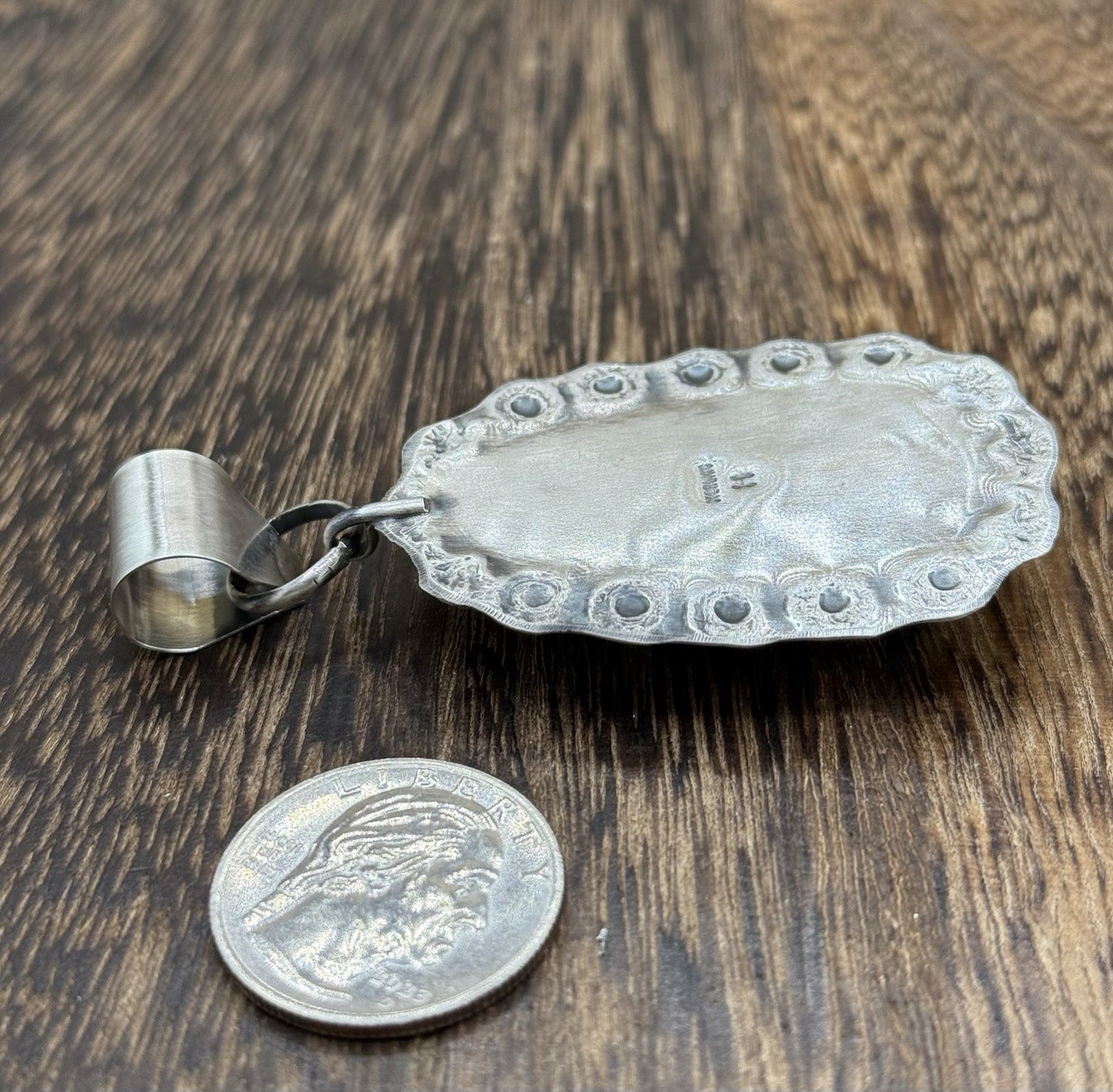 Navajo Handmade Sterling Silver Royston Turquoise Stamped Design Drop Pendant