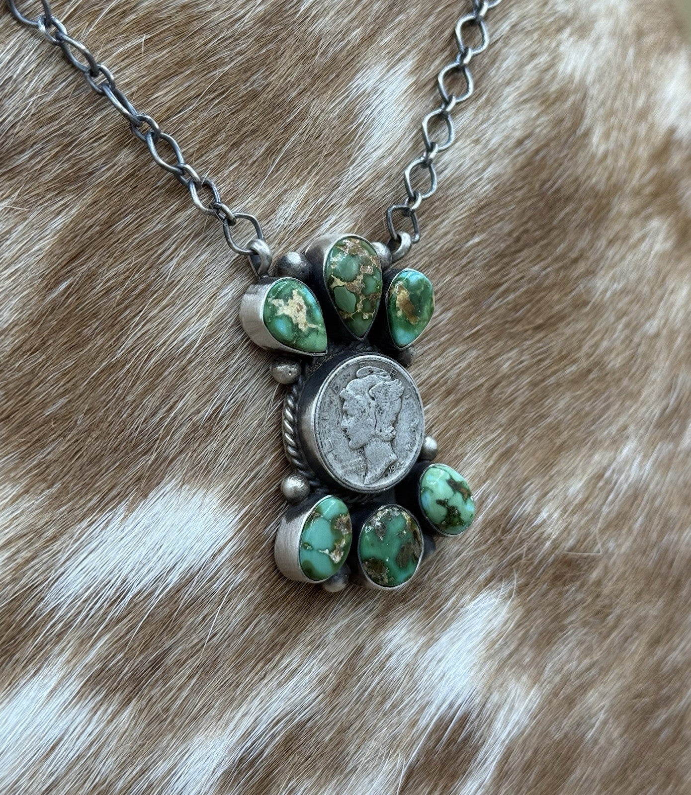 Navajo Handmade Silver Sonoran Gold Turquoise Liberty Coin Cluster Necklace 18”