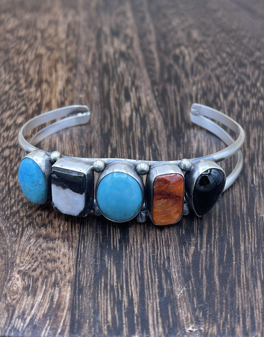 Native American Navajo Handmade Sterling Silver Multi Stone color Cuff Bracelet