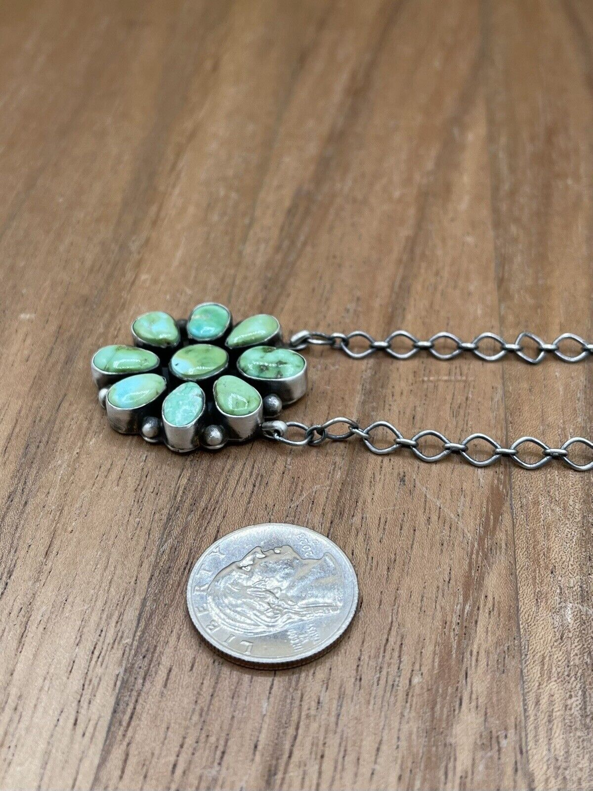 Native American Navajo Handmade Silver Sonoran Turquoise Cluster Bar Necklace