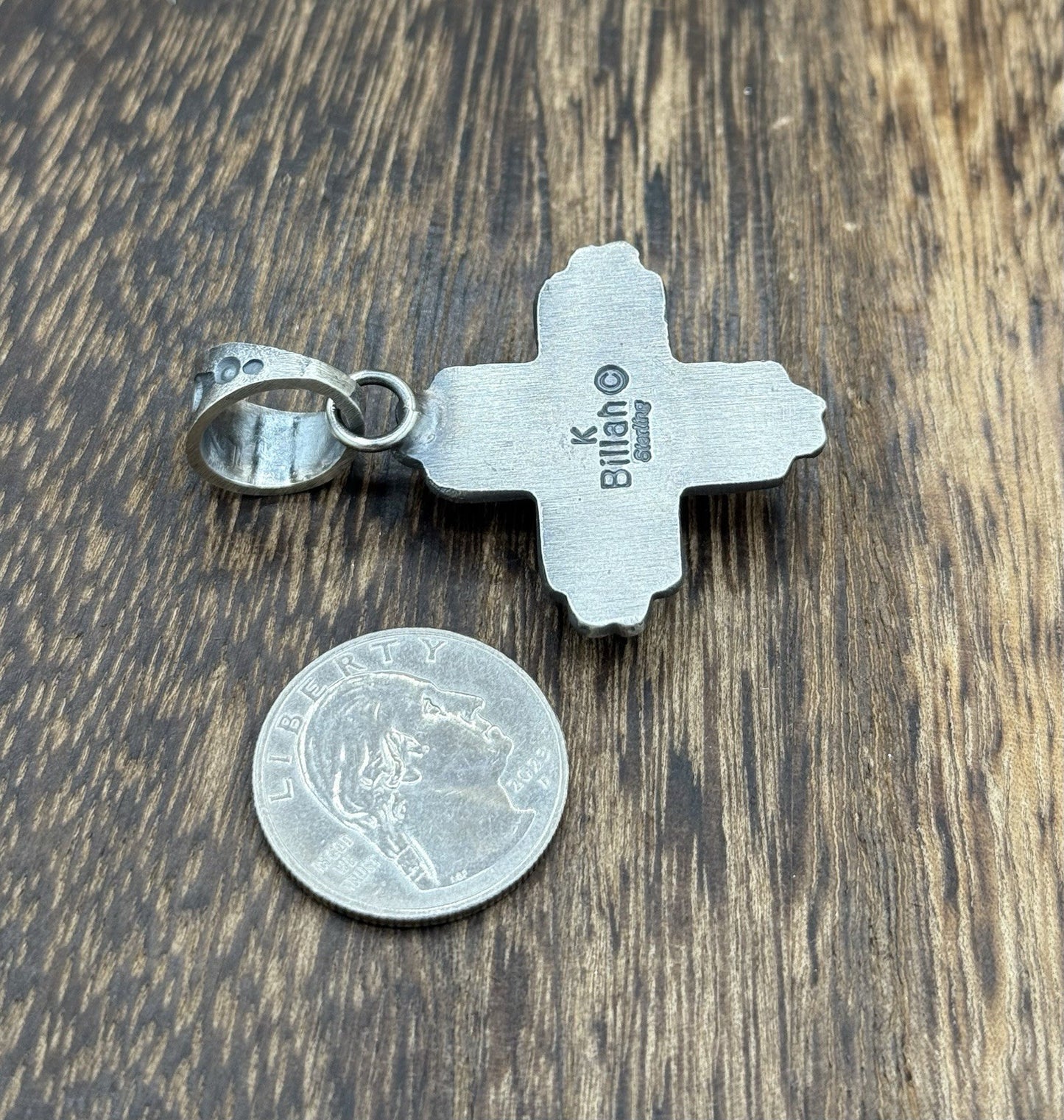 Navajo Handmade Sterling Silver Old Look Kingman Turquoise Zia Pendant Kevin B.