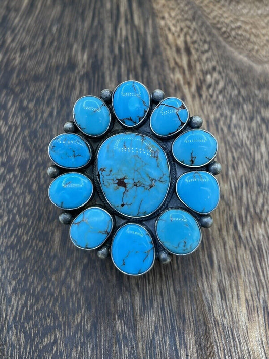 Native American Navajo Handmade Sterling Silver Turquoise Cluster Ring Size 7