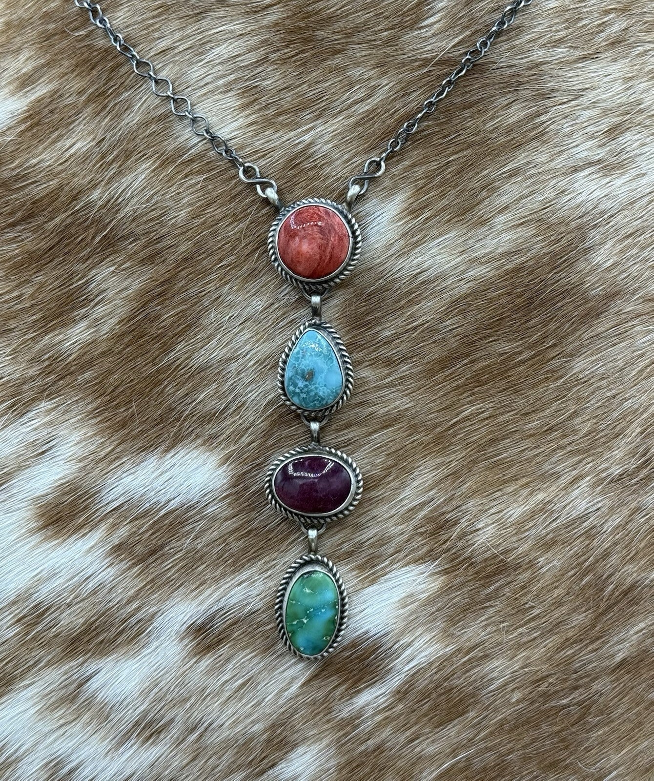 Navajo Handmade Sterling Silver Multi Color Mixed Stone Lariat Necklace 18”