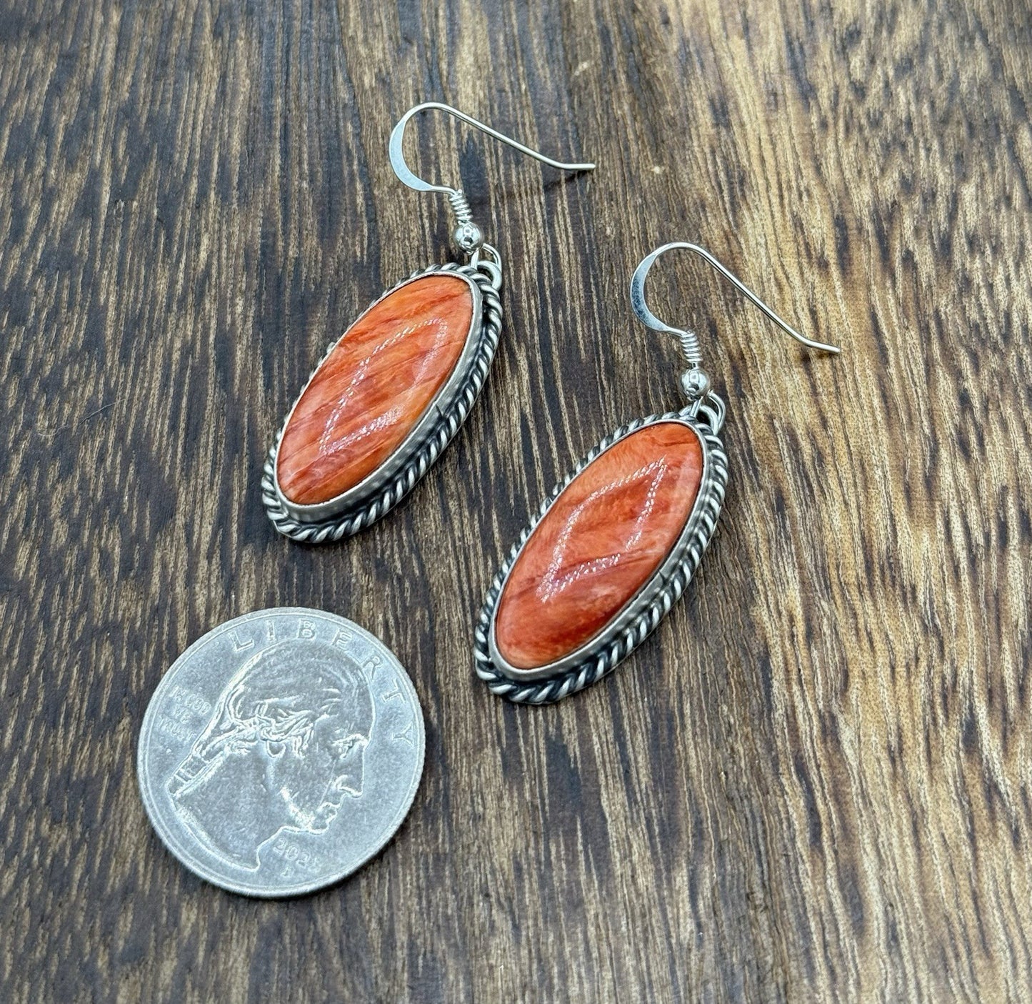 Native Navajo Handmade Sterling Silver Red Spiny Oyster Shell Dangle Earrings