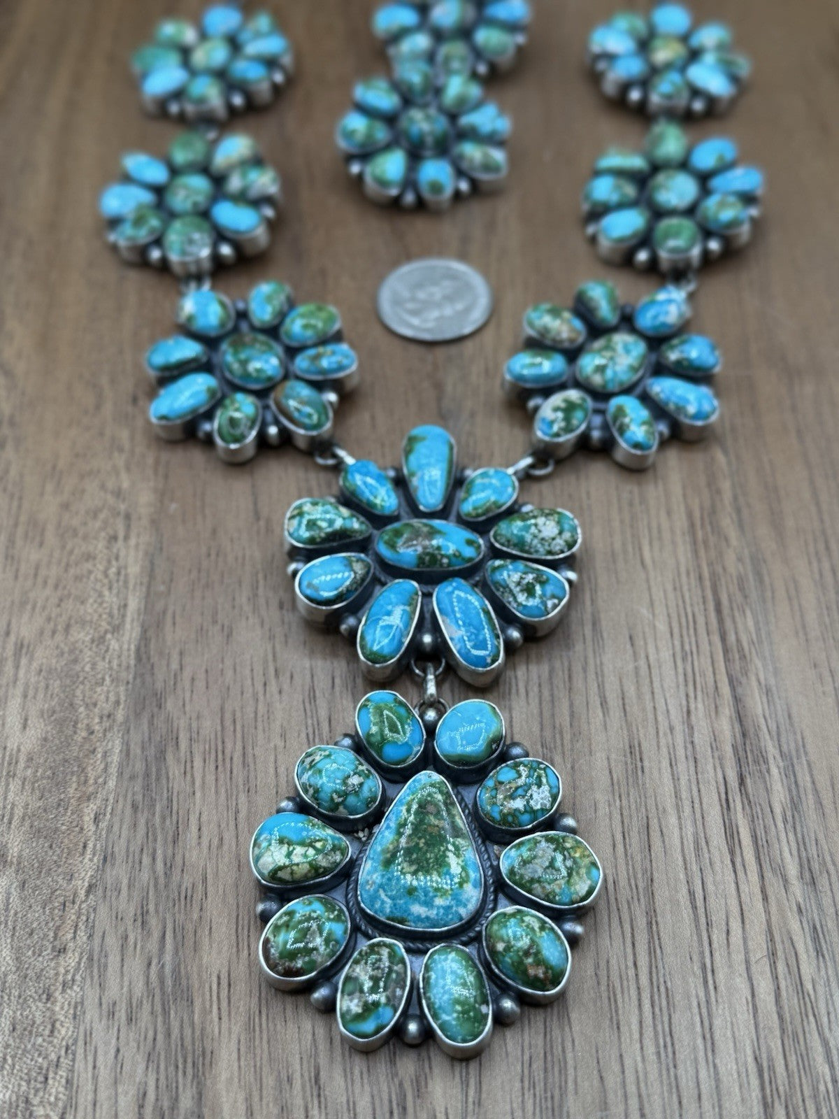 Navajo Handmade Sterling Silver Sonoran Turquoise Cluster Lariat Necklace 24”