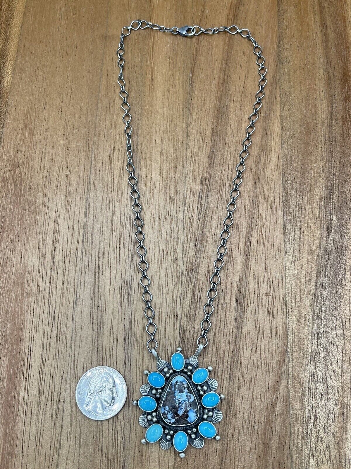 Native American Navajo Handmade Silver Turquoise Cluster Necklace 18 Inch