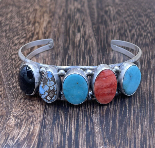 Native American Navajo Handmade Sterling Silver Multi Stone color Cuff Bracelet