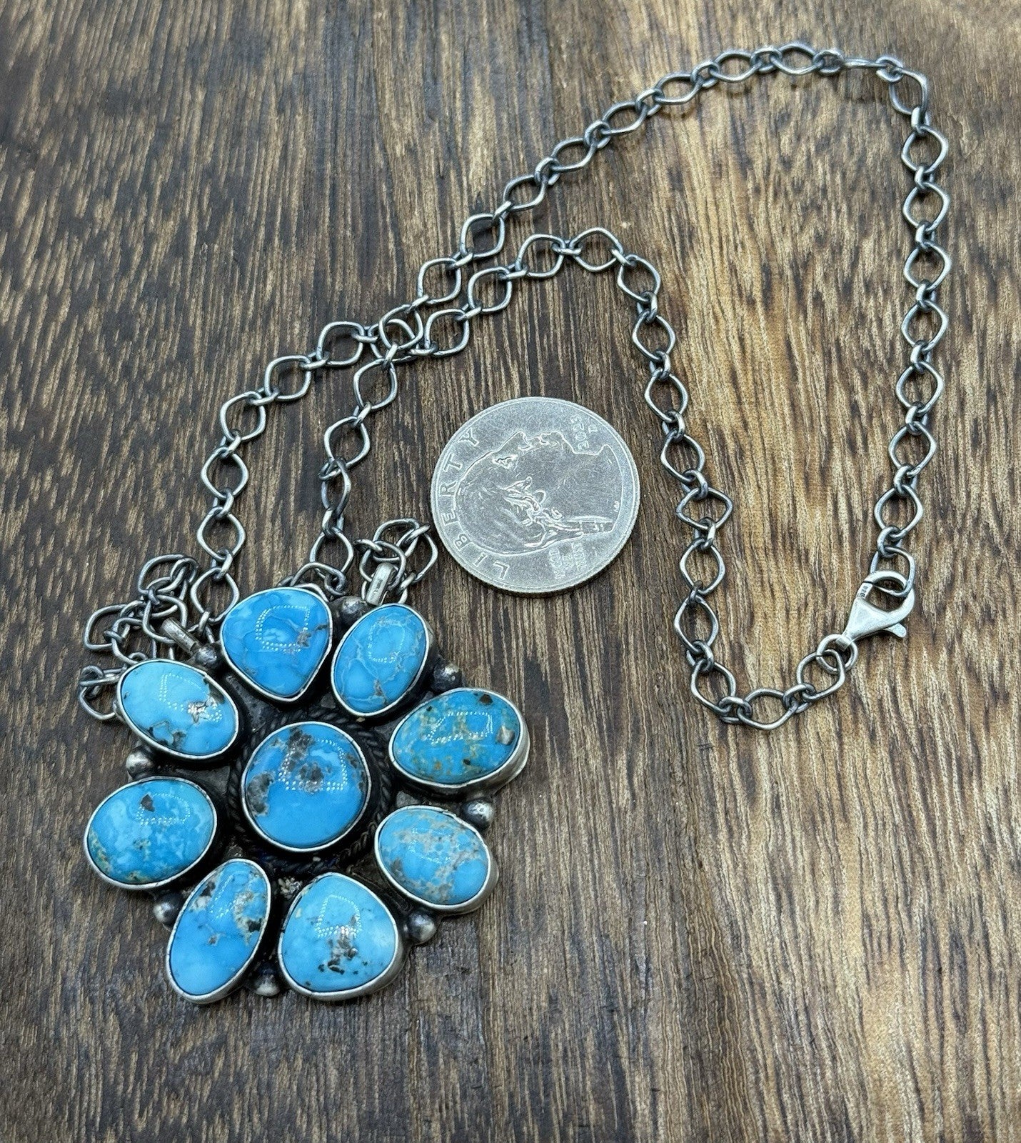 Navajo Handmade Sterling Silver Blue Ridge Turquoise Cluster Bar Necklace 18”