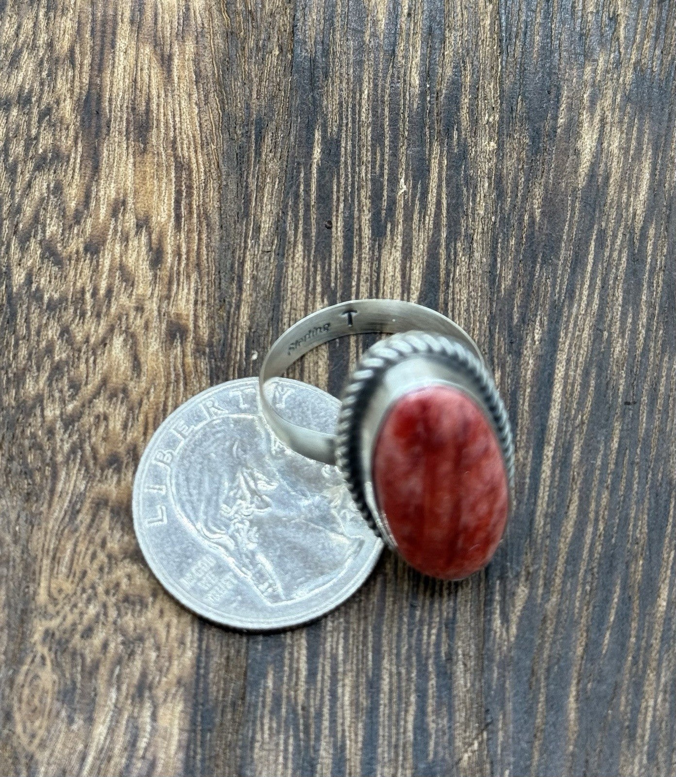 Navajo Handmade Sterling Silver Red Spiny Oyster Adjustable Ring Size 7 - 10