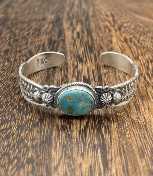 Native American Navajo Handmade Sterling Silver Natural Turquoise Cuff Bracelet