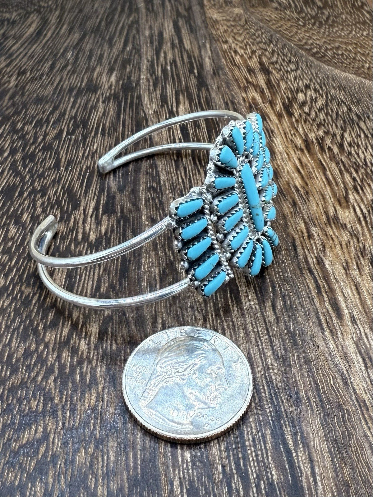 Navajo Handmade Sterling Silver Turquoise Traditional Cluster Cuff Bracelet