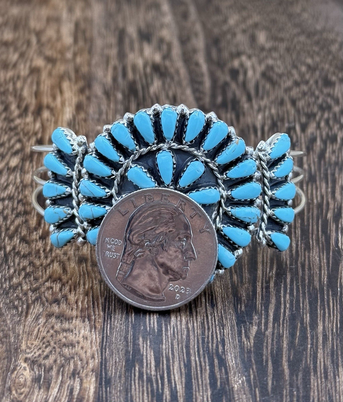 Native American Navajo Handmade Sterling Silver Turquoise Cluster Cuff Bracelet