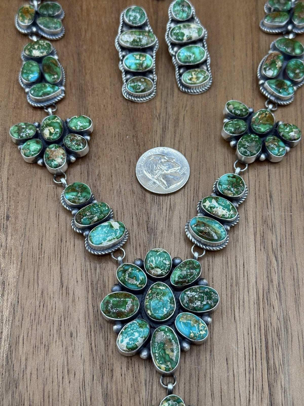 Navajo Handmade Sterling Silver Sonoran Gold Turquoise Cluster Lariat Necklace