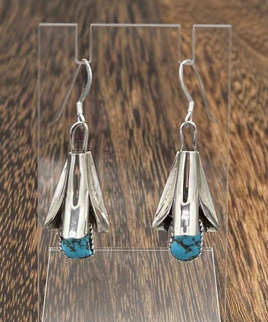 Native American  Silver Navajo Handmade Turquoise Dangle Blossom Earrings