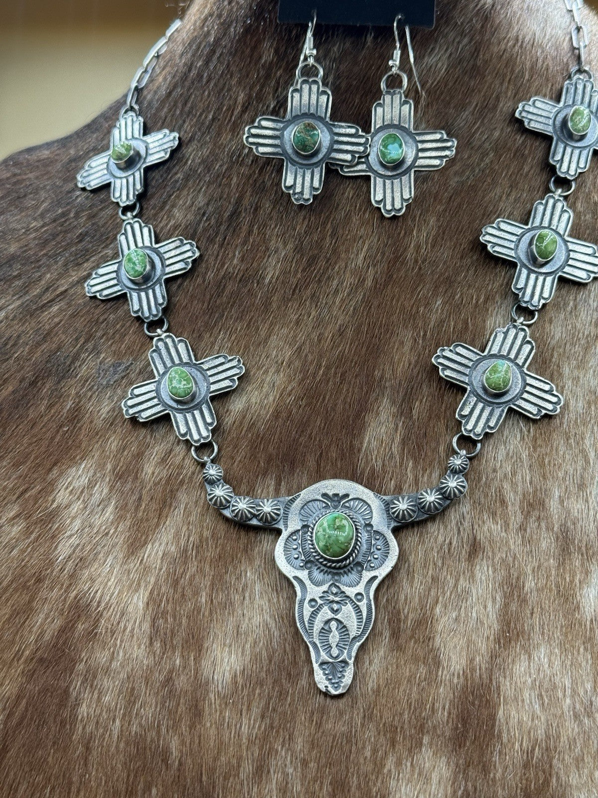 Navajo Handmade Sterling Silver Sonoran Gold Turquoise Longhorn Zia Necklace Set