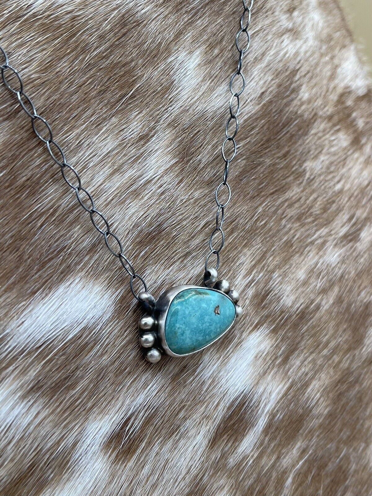 Native American Navajo Handmade Silver Kingman Turquoise Bar Necklace 18”