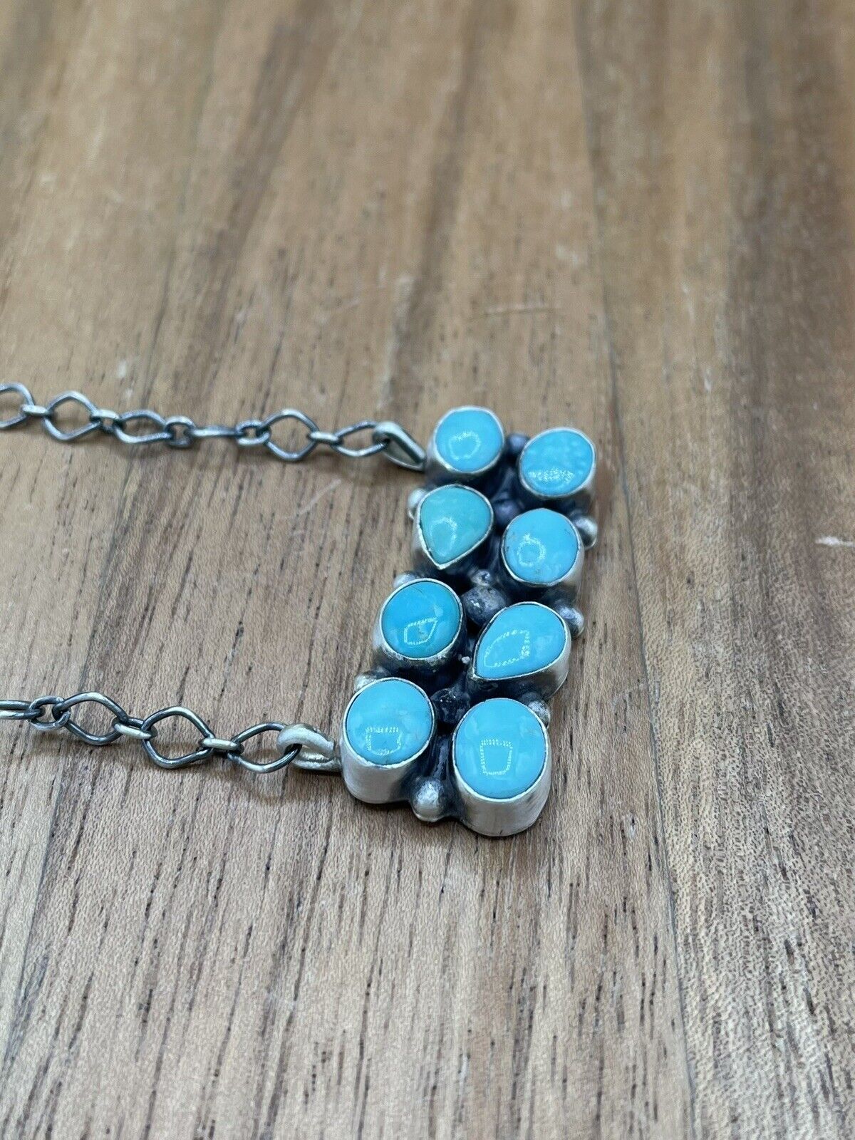 Native American Navajo Handmade Silver Turquoise Cluster Bar Necklace 18