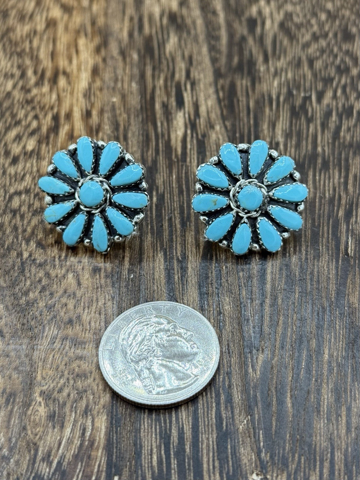 Native American Navajo Handmade Sterling Silver Turquoise Cluster Stud Earrings