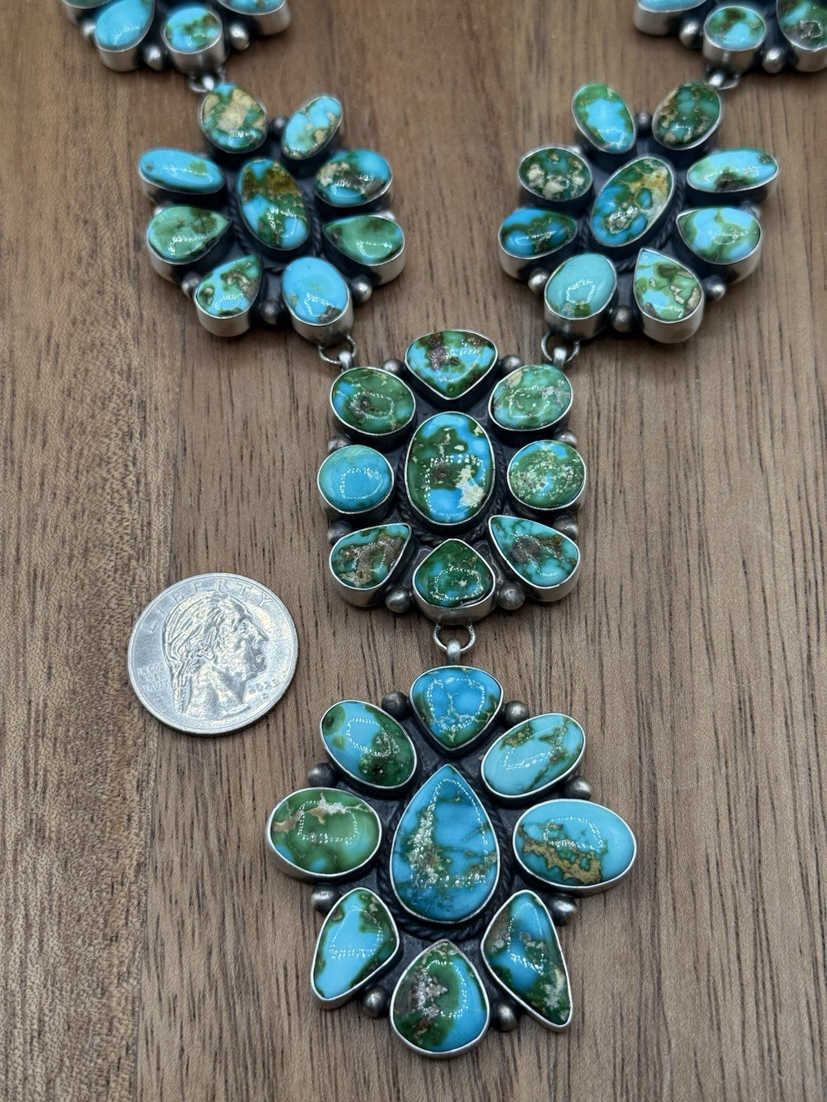 Navajo Handmade Sterling Silver Sonoran Turquoise Cluster Lariat Necklace 24”