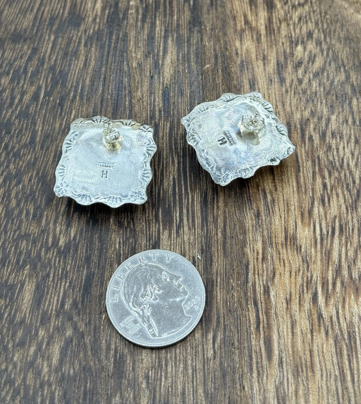 Navajo Handmade Sterling Silver Orange Spiny Oyster Shell Stamped Post Earrings
