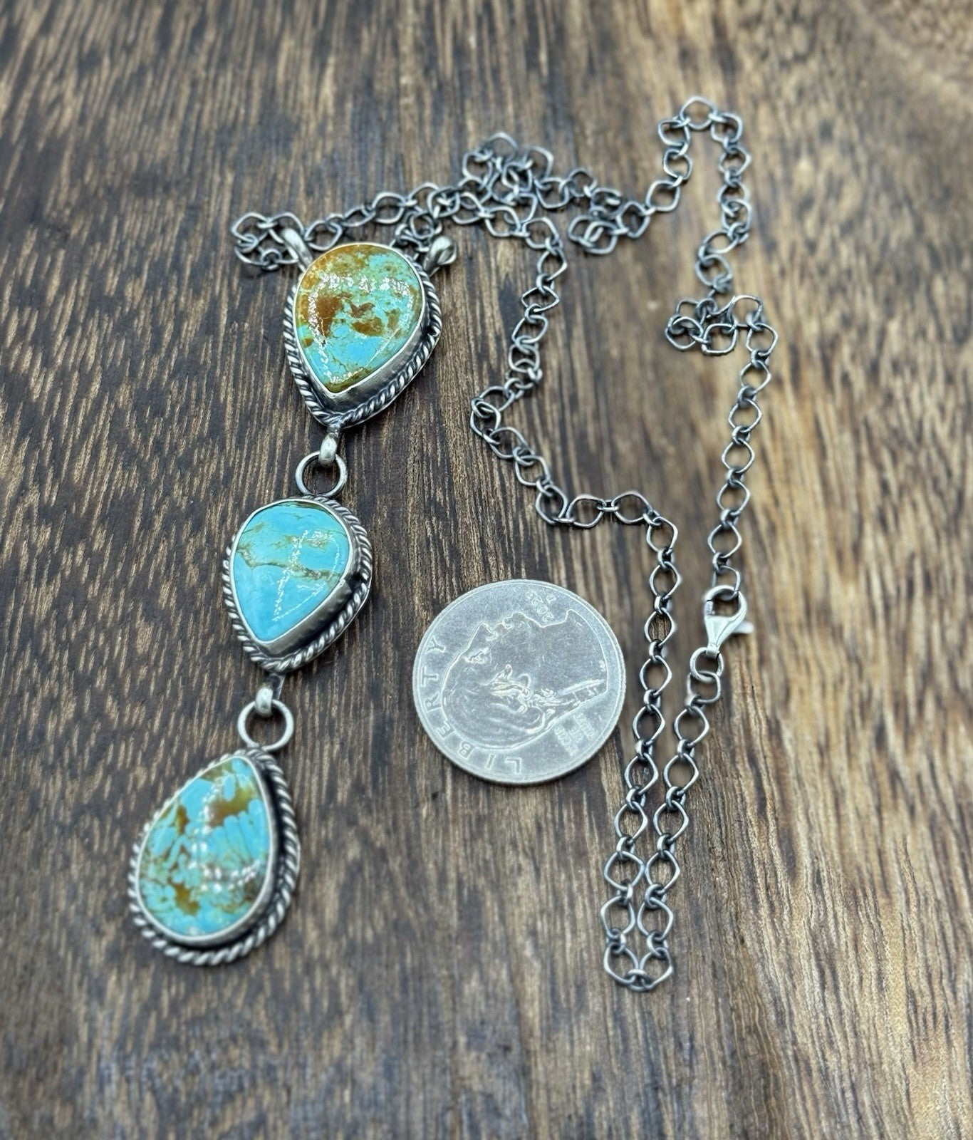 Native Navajo Handmade Sterling Silver Kingman Turquoise Lariat Necklace 18”