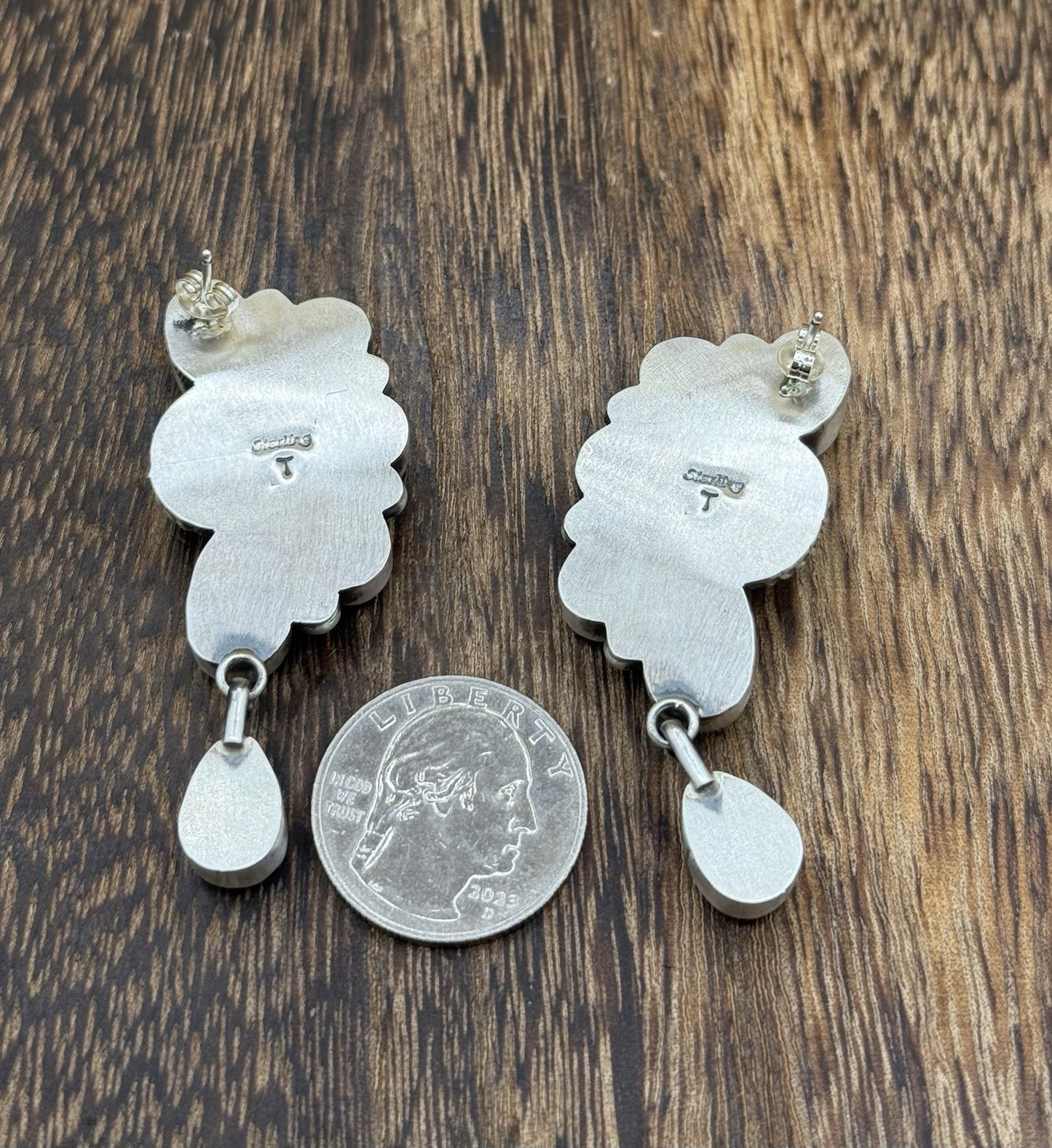 Navajo Handmade Sterling Silver Kingman Turquoise Half Cluster Drop Earrings