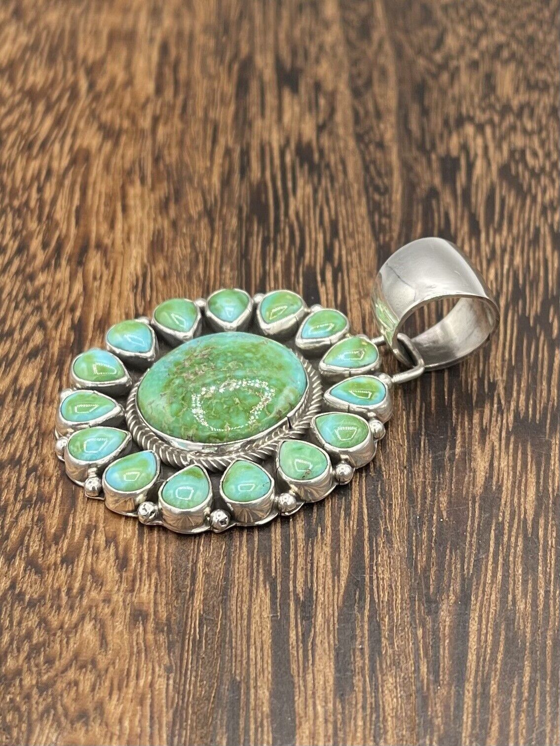 Native American Sterling Silver Navajo Handmade Natural Turquoise Pendant