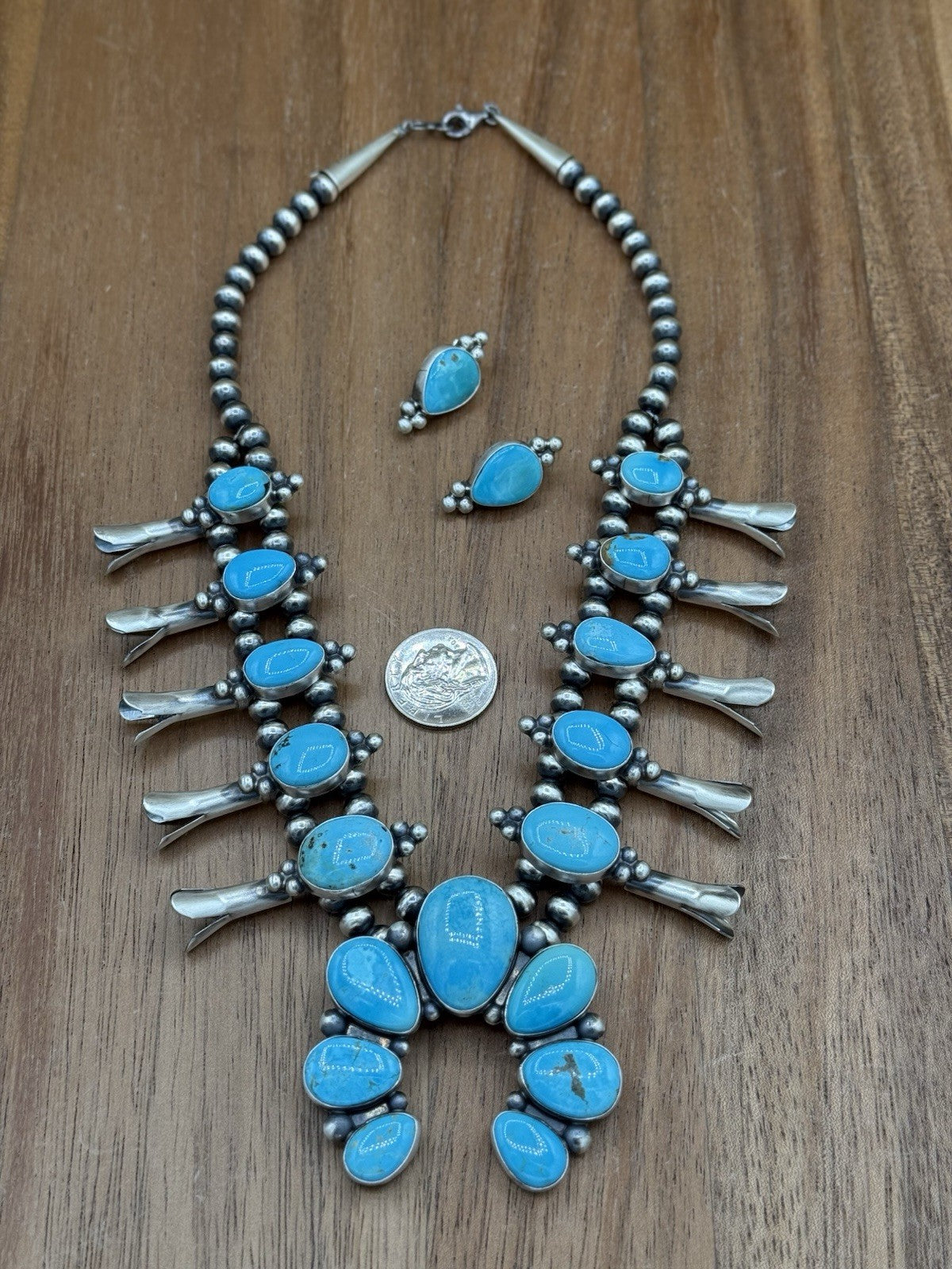 Navajo Handmade Sterling Silver Kingman Turquoise Squash Blossom Necklace 20”